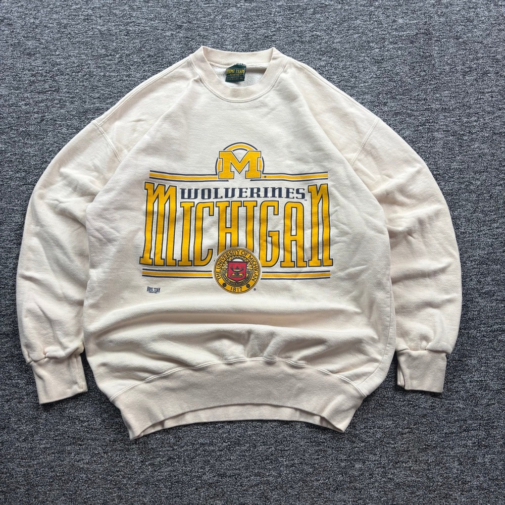 Vintage 1990s Michigan Wolverines Heavyweight Collegiate Cream Crewneck Size XL